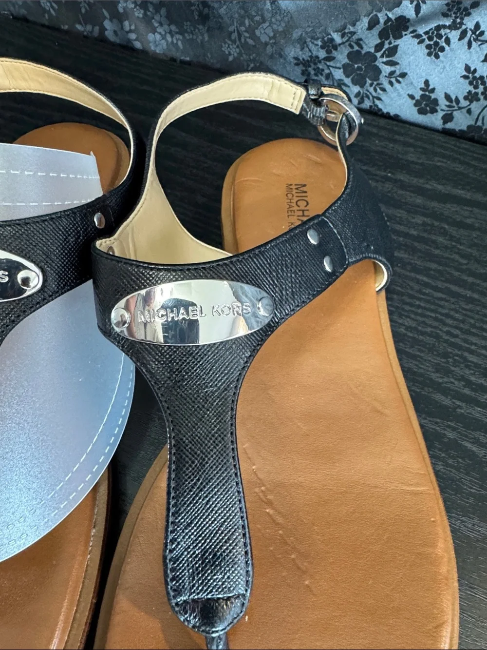 Michael Kors Black and White T-Strap Leather Sandals